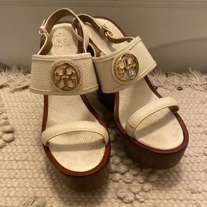White Tory Burch Wooden Wedges